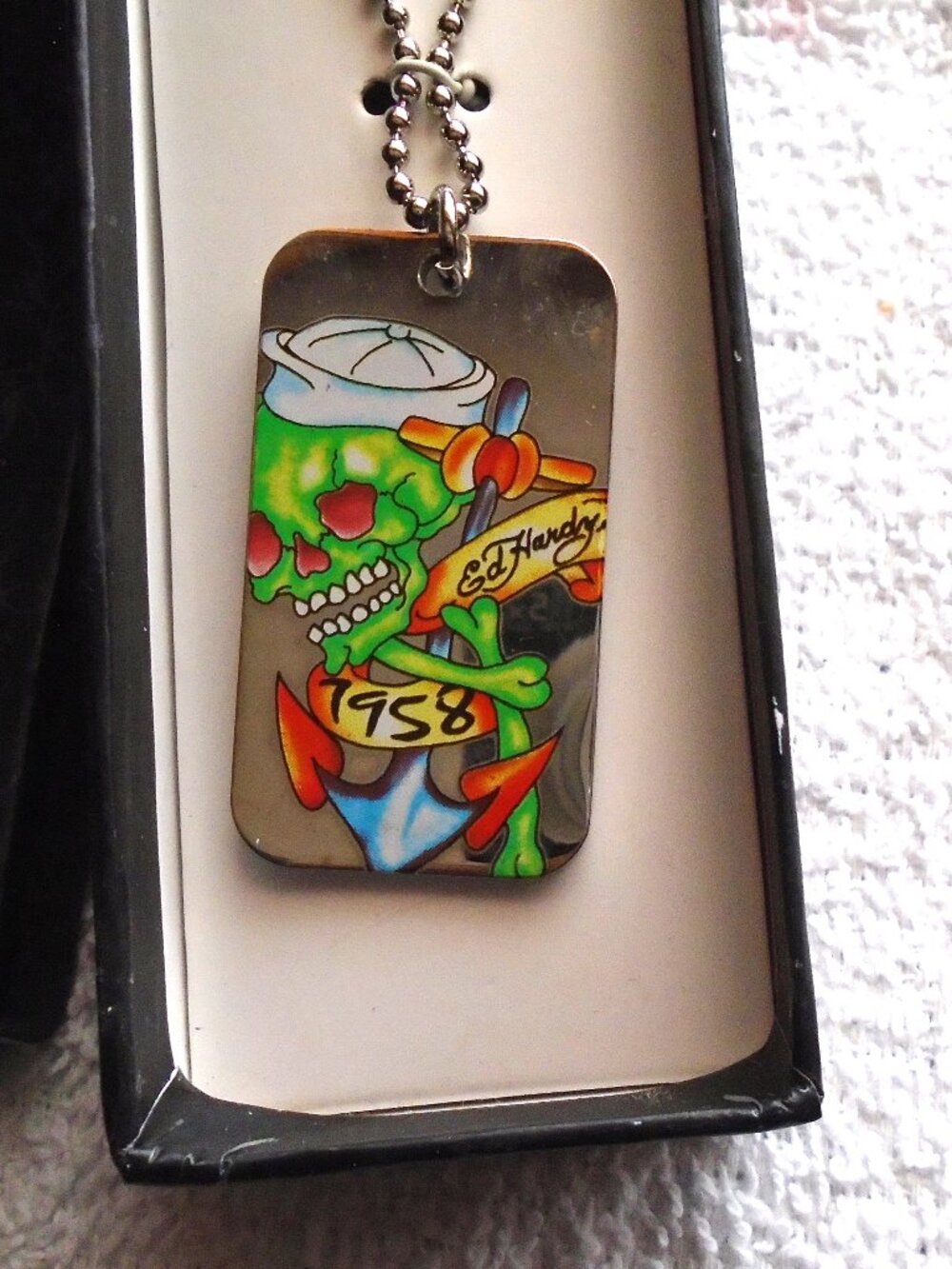 NEW VINTAGE Y2K ED HARDY SKELETON SAILOR SKULL BOAT ANCHOR DOG TAG NECKLACE